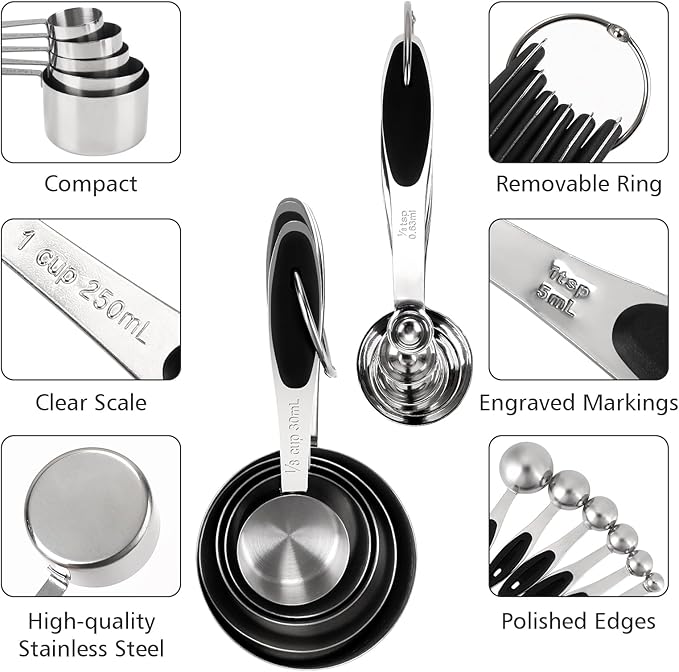 Accmor 11 Piece Metal Measuring Spoons Cups Set, Premium Stainless Steel Stackable Tablespoons Measurement kit, Kitchen Gadgets Cups and Spoon for Dry Liquid Ingredients Cooking Baking (Black Handle)
