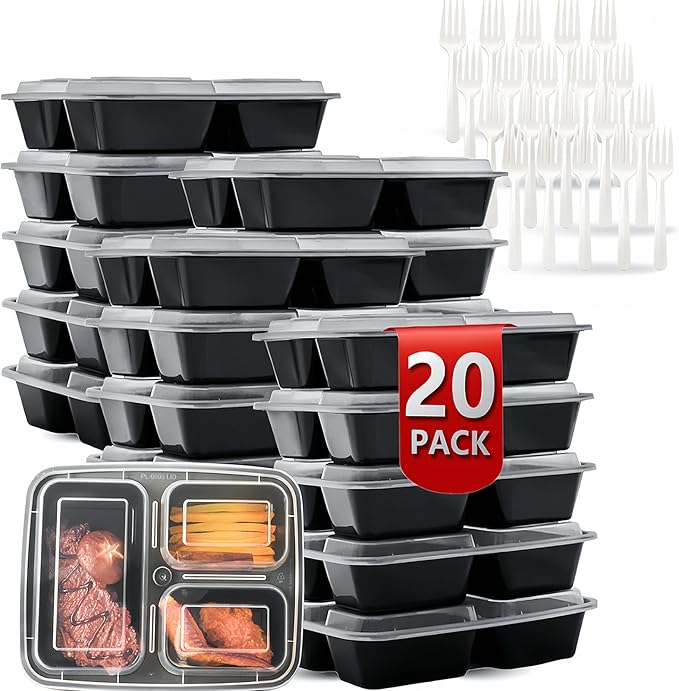 Meal Prep Containers 3 Compartment 20 Pack, 32 oz Divided Reusable Food Storage Containers with Lids Takeout Food Storage Black with 20 Forks, Microwave Dishwasher Freezer Safe, BPA Free