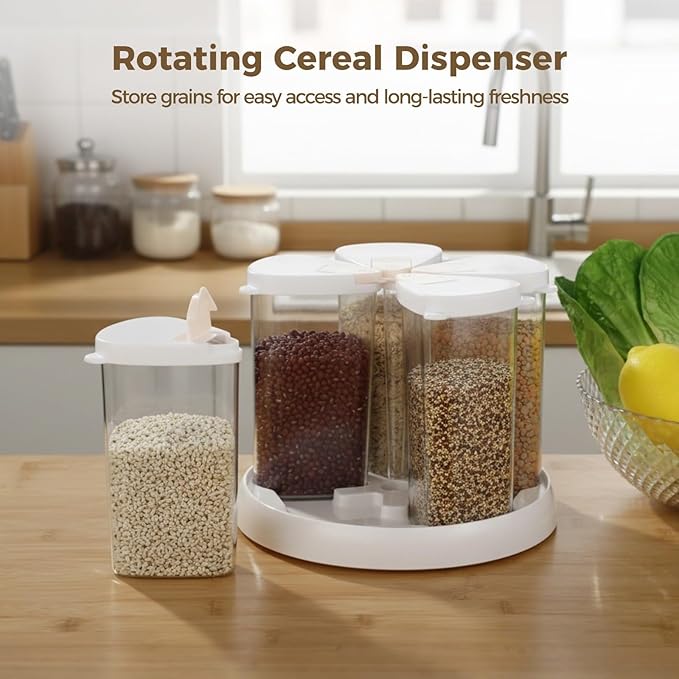 OMISTAR 5 Grids Grain Dispenser for Kitchen, Revolving Food Storage Container, Countertop Clear Cereal Dispenser with Rotating Base for Rice, Oats, Beans, Flour