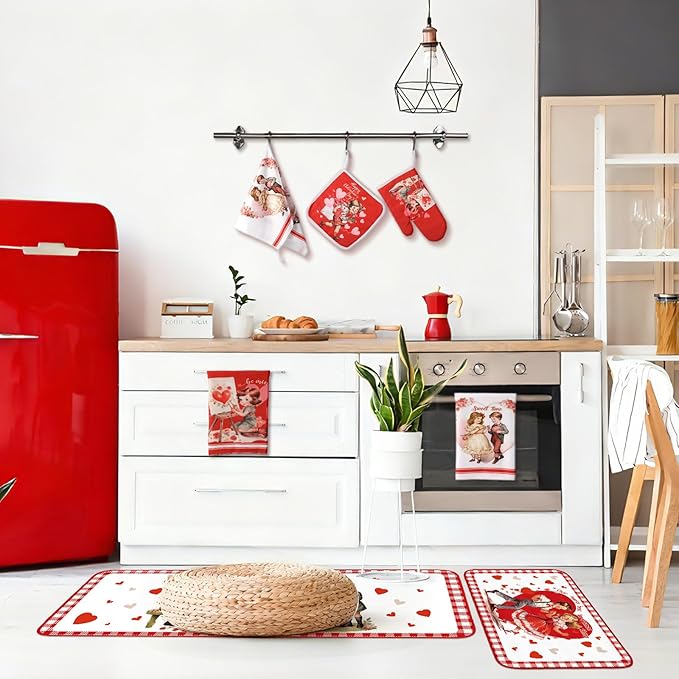 VitalCozy Set of 10 Valentines Kitchen Decor Vintage Kitchen Towels and Rugs Oven Mitts and Pot Holders Absorbent Tea Hand Towels for Accessories Gift