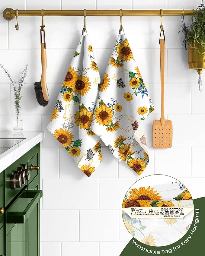 Miss Adola Flour Sack Kitchen Towels - Set of 2 Spring Dish Towels with Hanging Loop 18x26 Inch Absorbent Reusable Cotton Cloths for Cleaning Cute Design Home Decorative Housewarming, Sunflower