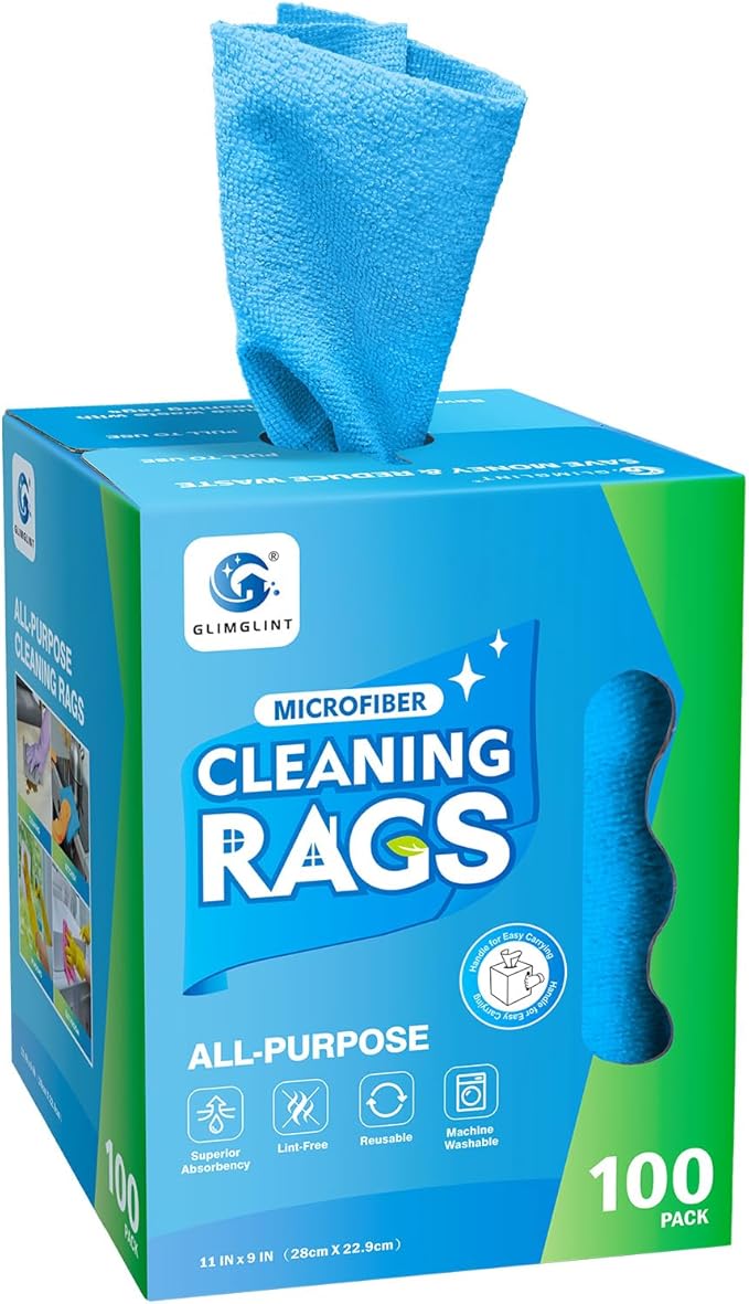 GLIMGLINT Shop Towels, 100 Pack Blue Reusable Paper Towels, Lint-Free, Ultra Absorbent Microfiber Towels for Home, Kitchen, Car, Garage or Shop, Cleaning Rags, 11" x 9"