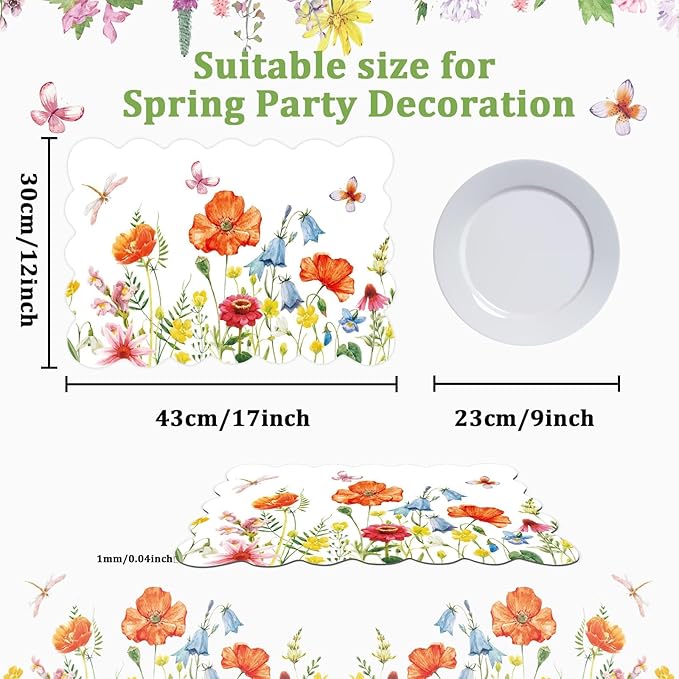 Spring Plastic Placemats Set of 6 Plastic Place Mats Watercolor Flowers Holiday Table Vinyl Placemats for Indoor Outdoor Summer Party Dining Table Decoration (Easily Wipes Clean)