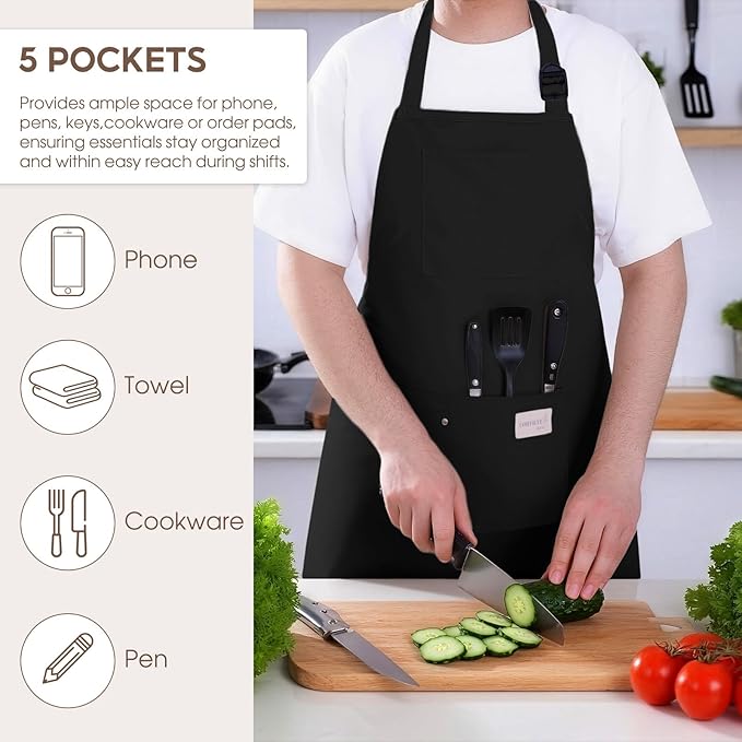 Kitchen Apron, Chef Aprons for Men Women with 5 Pockets Pen Holder, Adjustable Bib BBQ Work Apron for Cooking Baking