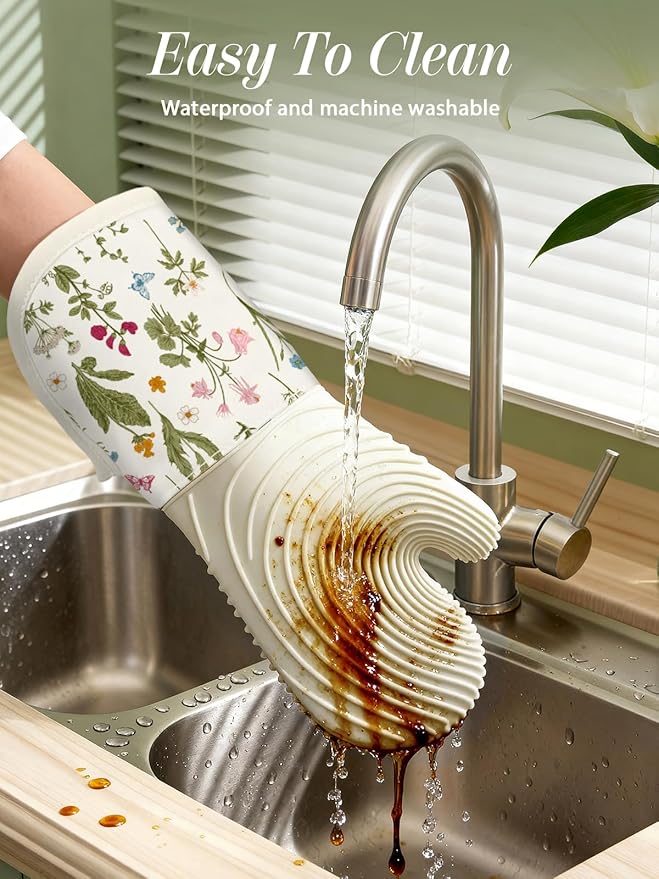 Slohif Long Silicone Oven Mitts Heat Resistant for Women - 2 Pcs Beige Floral 100% Cotton Oven Gloves, Non-Slip and Waterproof Silicone Oven Mitts with Hanger for Baking and Cooking