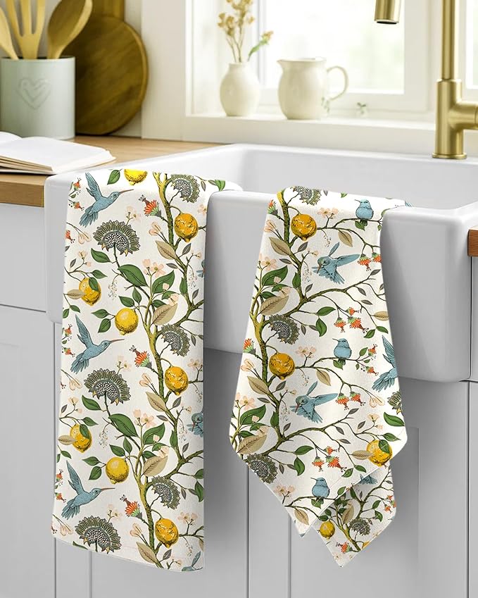 Miss Adola Flour Sack Kitchen Towels Set of 2-18x26 Cotton Dish Towels with Hanging Loop Reusable Tea Towel for Cleaning Spring Absorbent Dishcloths Cute Home Decor Housewarming, Lemon Birds