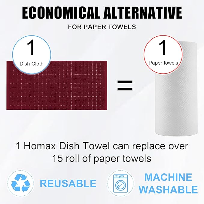 Homaxy 100% Cotton Terry Kitchen Towels(Burgundy Red, 13 x 28 inches), Checkered Designed, Soft and Super Absorbent Dish Towels, 12 Pack