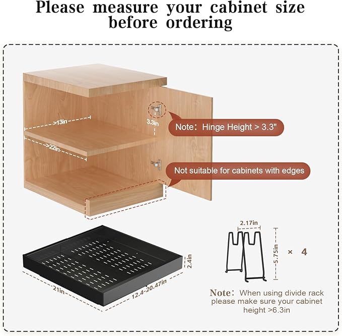 Seinloes 4 Pack Pull out Cabinet Organizer 21"Deep with Raising Pad for Framed Cabinets, Expandable Slide out Drawers for Kitchen Cabinets with 4pcs Divider Racks, Roll out Shelves 12.1"-20.4" W Black