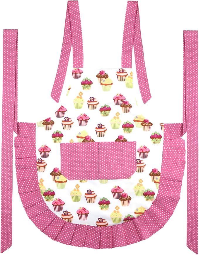 G2PLUS Aprons for Women with Pockets, 29 x 21 Inch Extra Long Ties Cupcake Apron, Pink Vintage Damask Apron for Kitchen Cooking, Baking and Gardening