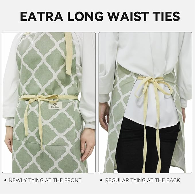 2 Pieces Aprons for Women with Pockets, Cotton Linen Waterproof Kitchen Cooking Aprons, Chef Apronfor Men Women with Adjustable Neck Strap and Long Ties(Grey/Green)