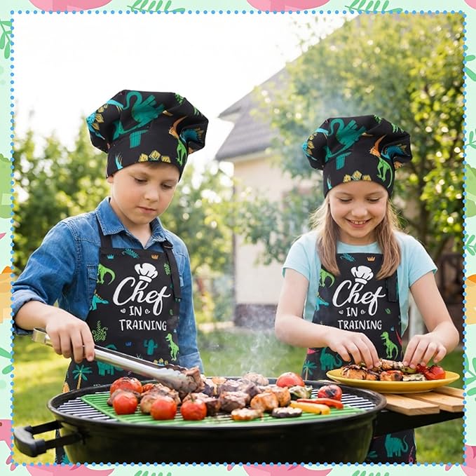 Kids Apron and Chef Hat Set, Funny Apron with 2 Pockets, Adjustable Kids Aprons for Cooking for Boys and Girls