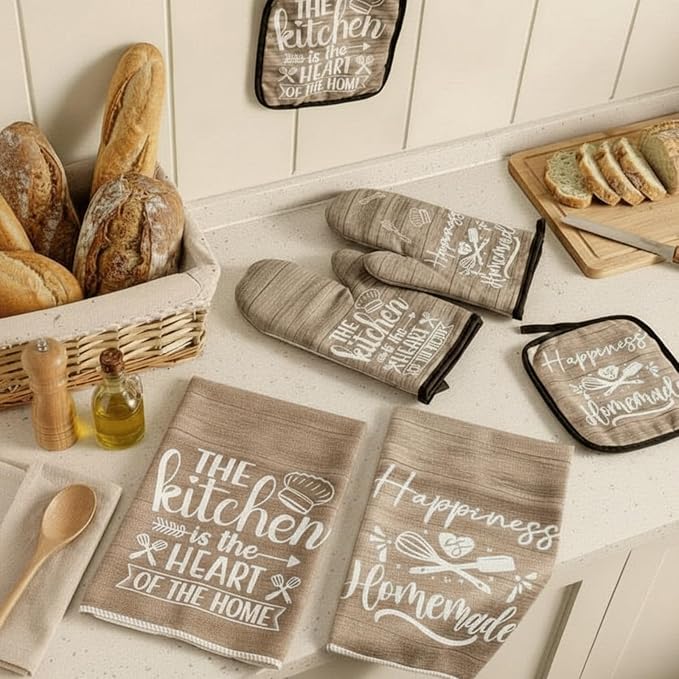 Sratte 6 Pcs Kitchen Decor Accessories Set Farmhouse Towels Pot Holders Oven Mitts Set 2 Dish Towels 2 Potholders 2 Cooking Mittens Oven Glove for Christmas Baking Cooking(Brown Wood Grain)