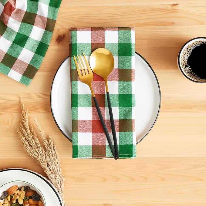 Cloth Napkins Set of 12, 100% Cotton Dinner Napkins 18x18 Inch, Soft Absorbent Gingham Check Napkin for Restaurant, Table Décor, Reusable Washable for Everyday Use - Apple Green/White/Red
