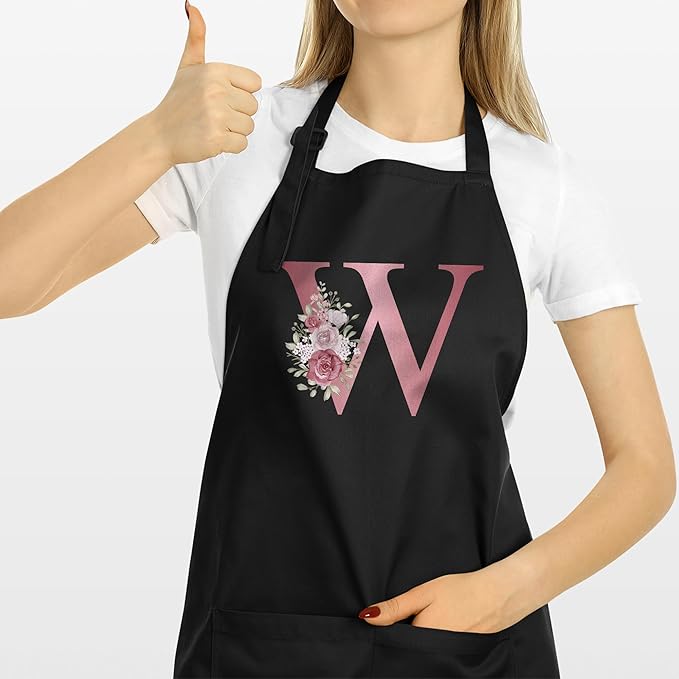 ROKO CLOTHING Personalized Initials Apron with Pockets Custom Kitchen Aprons Women for Baking Cooking Adjustable Neck Waist