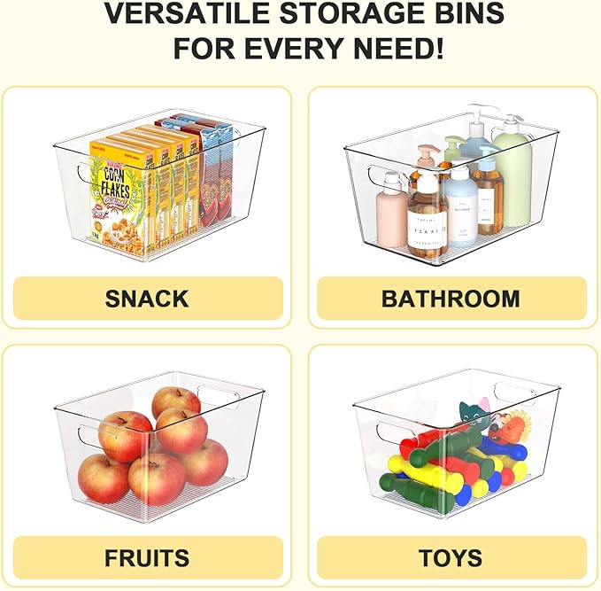 Set of 6 Clear Plastic Storage Bins, 4 Large +2 Small Pantry Organizers and Storage Containers for Kitchen Organization, Home Storage Must Haves for Office, Closet, Garage, Freezer& Bathroom