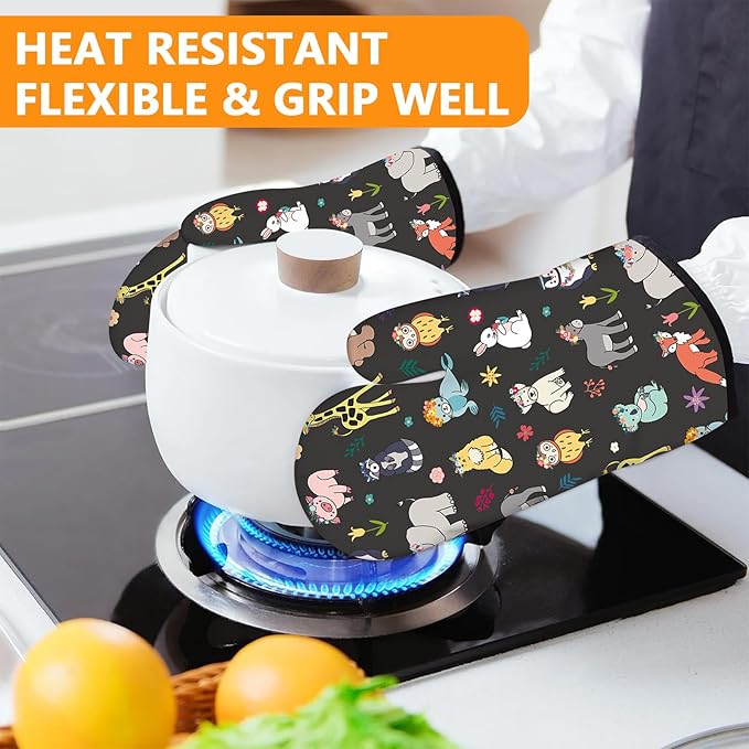 Cute Animals Oven Mitts and Pot Holders Sets 4Pcs,Extra Long Oven Gloves Potholder for Kitchen Cooking Baking BBQ 100% Cotton Heat Resistant