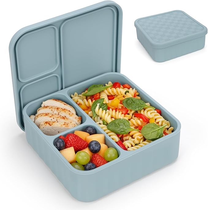 Silicone Bento Box Adult Lunch Container, 3 Compartment Container, Food Grade Silicone Bento Lunch Box for Work Travel Meal Prep, Leak-proof Food Storage Container（1 Pack Nile Blue）