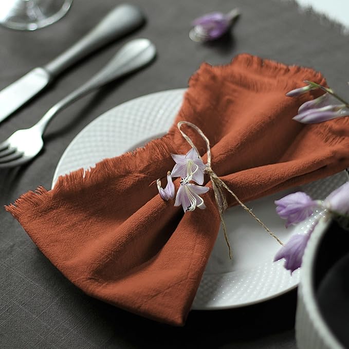 Handmade Cloth Napkins 100% Cotton Napkins with Fringe，Delicate Handmade Cloth Napkins for Dinners, Parties, Weddings and More，18 x 18 Inch Set of 6 - Terracotta