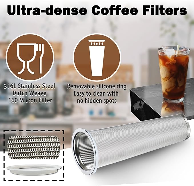 Cold Brew Mason Coffee Maker - 64oz Iced Coffee Pitcher with Stainless Steel Mixing Spoon & Super Dense Filter 3 Steps Finish Cold Brew Coffee, Classic BPA Free Sturdy Mason jar Pitcher Easy to Clean