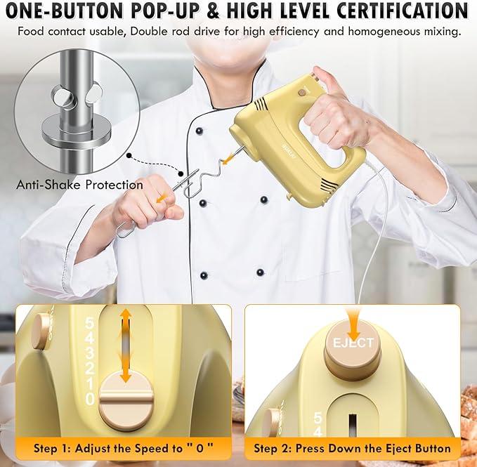 GUALIU Electric Hand Mixer with Stainless Steel Whisk, Dough Hook Attachment and Storage Bag, Handheld Mixer for Baking Cakes, Eggs, Cream Food Mixers. Turbo Boost /5 Speed Kitchen Blender Yellow