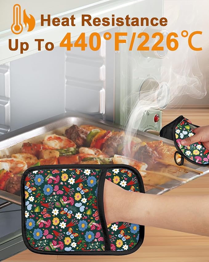 Swooflia 100% Cotton Pot Holders 2 Pack Set for Kitchen with Pockets - Cute 440°F Heat Resistant Oven Hot Pads Heavy Duty for Countertop Home Cooking Baking Microwave BBQ Vintage Floral