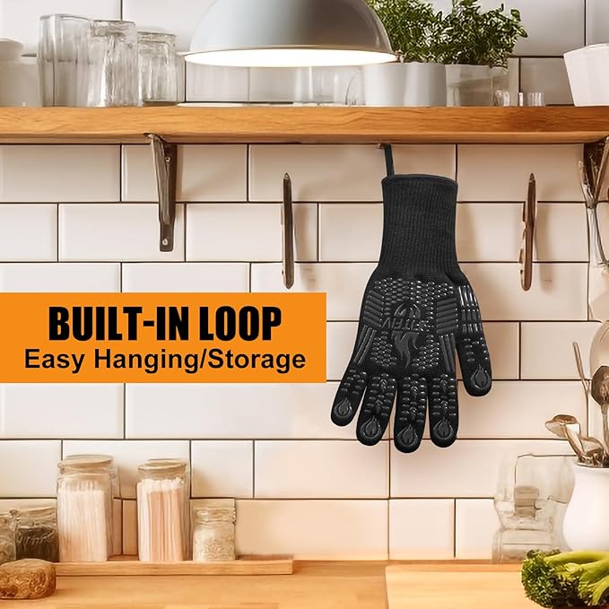 BBQ Gloves, Oven Gloves, 1472°F Extreme Heat Resistant Barbecue Gloves, Silicone Non-Slip Oven Mitts, Kitchen for Cooking, Grilling, and Baking (Black)