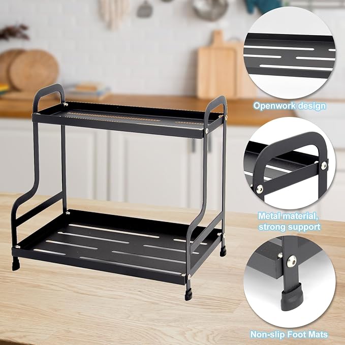 2-Tier Metal Organizer Shelf for Bathroom & Kitchen - Heavy Duty Countertop Storage, Under Sink Cosmetic & Spice Organizer with Non-Slip Base, Easy Assembly