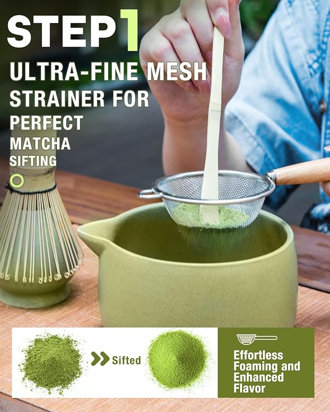 20OZ Matcha Whisk Set - 5PCS Japanese Tea Set Includes Matcha Bowl with Spout, Bamboo Whisk with Ceramic Holder, Bamboo Scoop and Sifter, Matcha Kit for Ceremony, Gift for Matcha Lovers (Matcha Green)