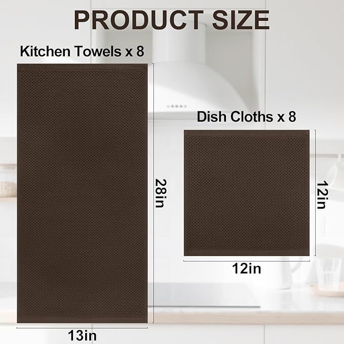 Homaxy 100% Cotton Kitchen Towels and Dishcloths Set, 12 x 12 Inches and 13 x 28 Inches, Set of 16 Bulk Kitchen Towels Set, Ultra Soft Absorbent Dish Cloths for Washing Dishes, Dark Brown