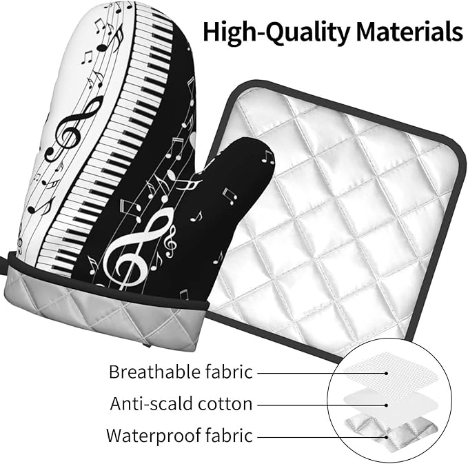 Piano Keys and Notes Oven Mitts and Pot Holders Heat Resistant Oven Mitts Safe for Baking Cooking BBQ