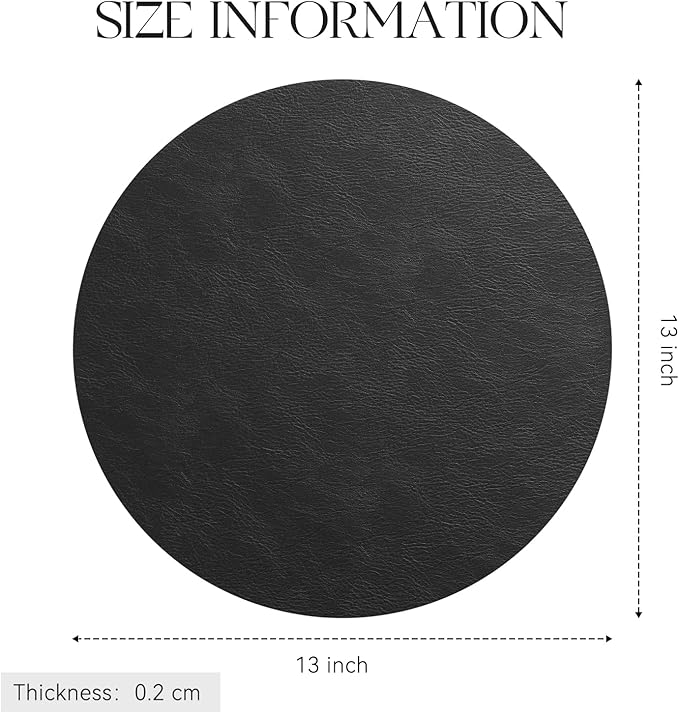 MOSAYT 13 Inch Round Vinyl Placemats Set of 8 - Faux Leather 100% Waterproof Oil-Proof Wipeable PU Place Mats, Heat Resistant Reversible Table Mats for Kitchen, Dining, Outdoor (Black)