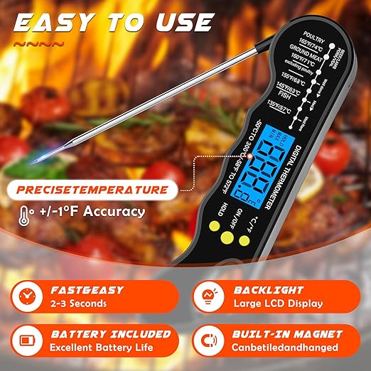 Instant Read Meat Thermometer, Fast and Accurate Digital Food Thermometer with Magnet, Backlight, Waterproof for Cooking, BBQ, Grilling, Baking, Smoker, Candy Making (Black)