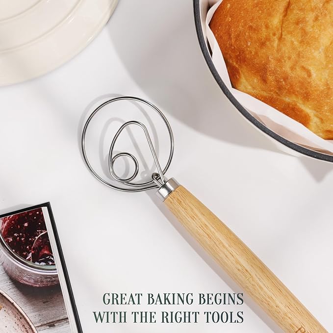 Danish Dough Whisk, Sourdough Bread Whisk with Wooden Handle, 13-Inch Stainless Steel Single Loop Dough Mixer for Bread Making, Pizza Dough, Batter and Pastry
