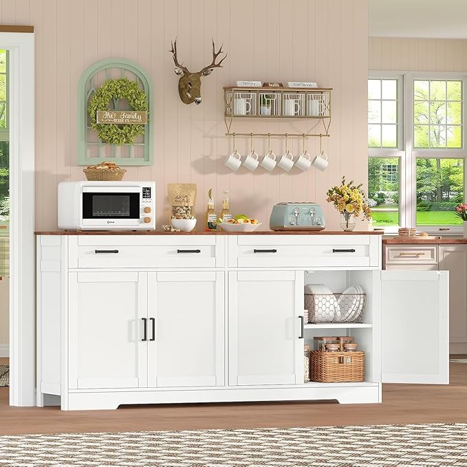 usikey Buffet Cabinet with Storage and Drawers, 55" Large Sideboard Buffet Cabinet with Adjustable Shelves and Doors, Modern Coffee Bar for Kitchen, Living Room, White