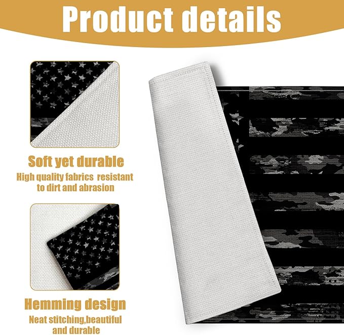 Black Camo American Flag Placemats Set of 6, Linen Place Mat Washable Stain Resistant Table Mats for Farmhouse Kitchen Dining Party Wedding Decor 12x18 Inch
