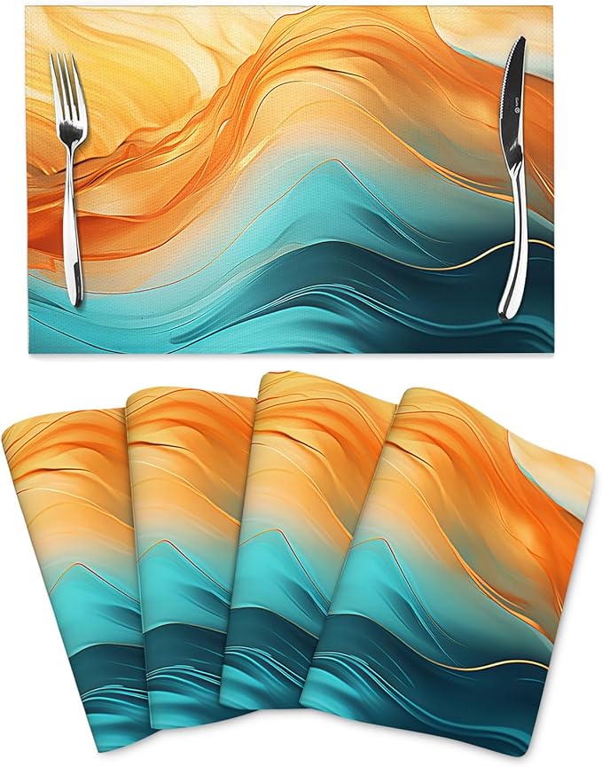 Orange Teal Marble Placemats Set of 4, Washable Non-Slip Heat-Resistant Kitchen Table Mats for Dining Outdoor Holiday Party Home Decor 12"x18", Linen Place Mats