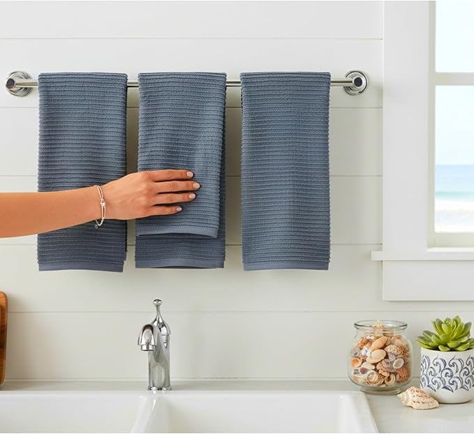 Serafina Home Slate Blue Gray Grey Kitchen Hand Dish Towels: Oversized 28" x 18", 100% Cotton Cloth Soft Cleaning Drying Absorbent Ribbed Design, Set of 3 Multipurpose for Everyday Use