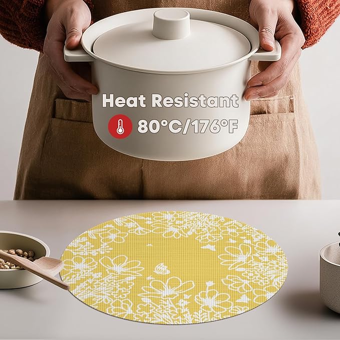 Artoid Mode Spring Leaves Yellow Vinyl Round Placemats Set of 4, 14 Inch Washable Non-Slip Woven Plastic Table Mats for Party Kitchen Dining Decor