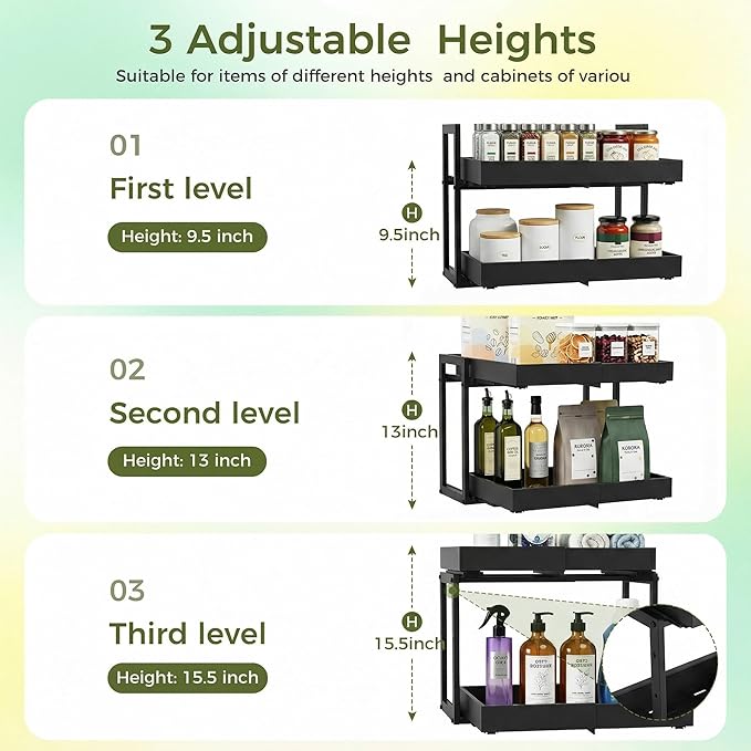 Abalter Expandable Pull Out Cabinet Organizer, 2-Tier Slide Out Drawer for Kitchen Cabinets, Adjustable Width 12-18.5", Slide Out Shelves for Kitchen Countertop, Bathroom, Pantry, Heavy Duty Caddy
