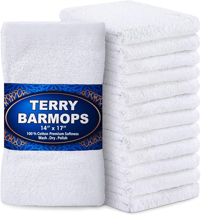 GREEN LIFESTYLE Terry Bar Mops 14" x 17" 12 Pack - Cotton Bar Towels, Kitchen Towels, Cleaning Rags, Absorbent Terry Cloth Towels for Restaurant, Bar, Kitchen and Home Use (White)