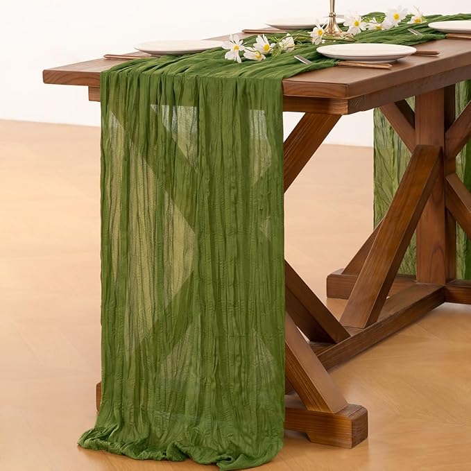Socomi Campsite Green Easter Spring Cheesecloth Table Runner Boho Rustic Gauze 120 inch 10FT Cheese Cloth Runner for Wedding Party Baby Shower Birthday Home Decor Holiday Decorations