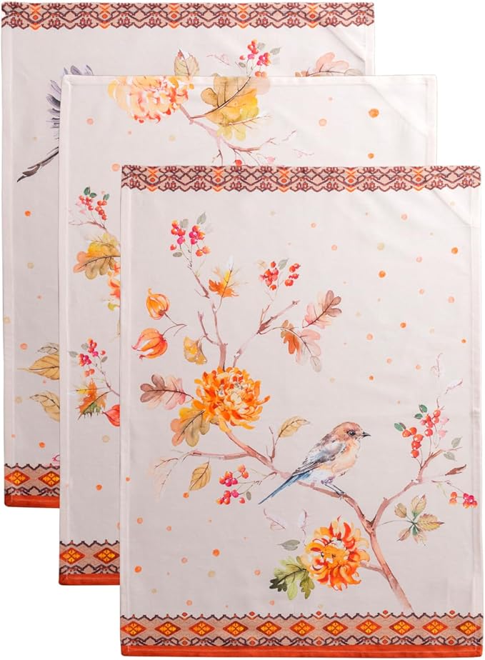 Maison d' Hermine Kitchen Towels Set of 3 100% Cotton 20" x 27.5" Reusable Cloth Tea Dish Towels Absorbent with Hanging Loop for Kitchen Dining Thanksgiving Christmas Decorations (Kelim - Prairie)