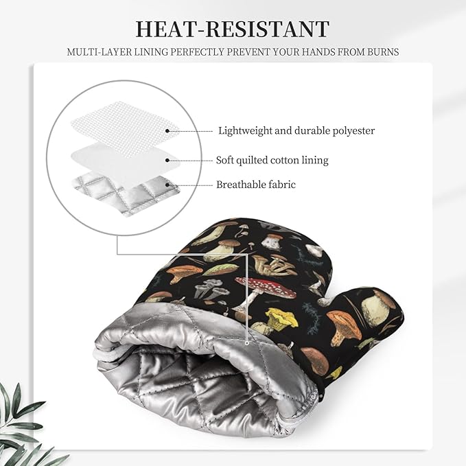 Black Mushroom Oven Mitts and Pot Holders 4 pcs Set Silicone Mushrooms Kitchen Oven Mitt Gloves Pot Holders Non-Slip Heat Resistant Cooking Mitts Set for Kitchen Baking Grilling BBQ