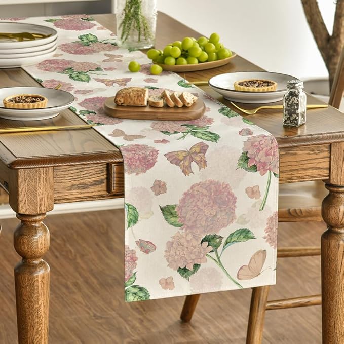 Artoid Mode Pink Hydrangea Butterfly Spring Table Runner, Seasonal Summer Holiday Kitchen Dining Table Decoration for Home Party Decor 13x72 Inch