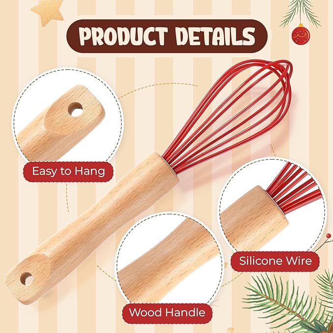 Baderke 20 Sets Baking Gifts Set Includes 8 Inch Silicone Whisk with Wood Handle Wired Stainless Steel Whisk Set Greeting Cards Plastic Bags for Party Birthday Christmas Stuffers Gift(Red)