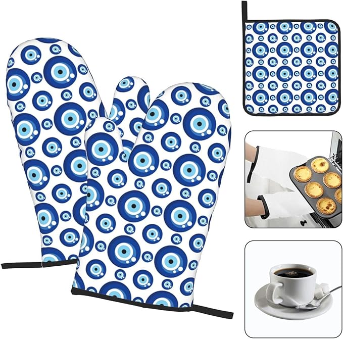 Blue Evil Eyes Oven Mitts and Pot Holders Sets of 3 Funny Hot Pads Heat Resistant Non Slip Washable for Cooking Grilling Baking BBQ Kitchen Decor