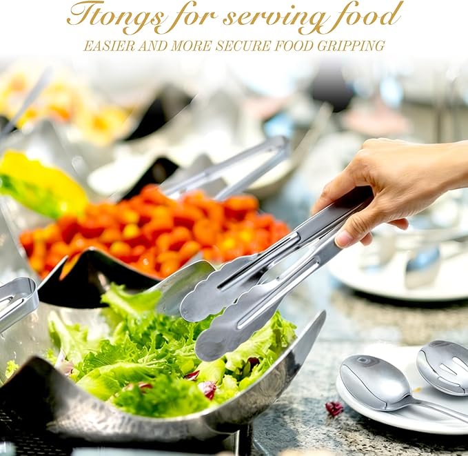 Mwellewm 17Pcs Serving Utensils, Silver Stainless Steel Serving Spoons, Slotted Spoon, Fork, Tongs, Cake Pie Server, Soup Spoon Metal Buffet Banquet Cutlery Set for Parties Entertaining Catering