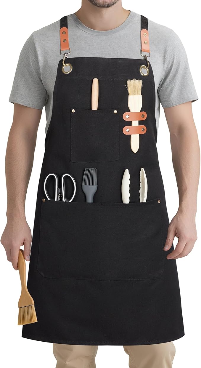 Syntus Apron for Men Women, Adjustable Cooking Kitchen Chef Aprons with 2 Pockets, Cotton/Polycotton/Polyester