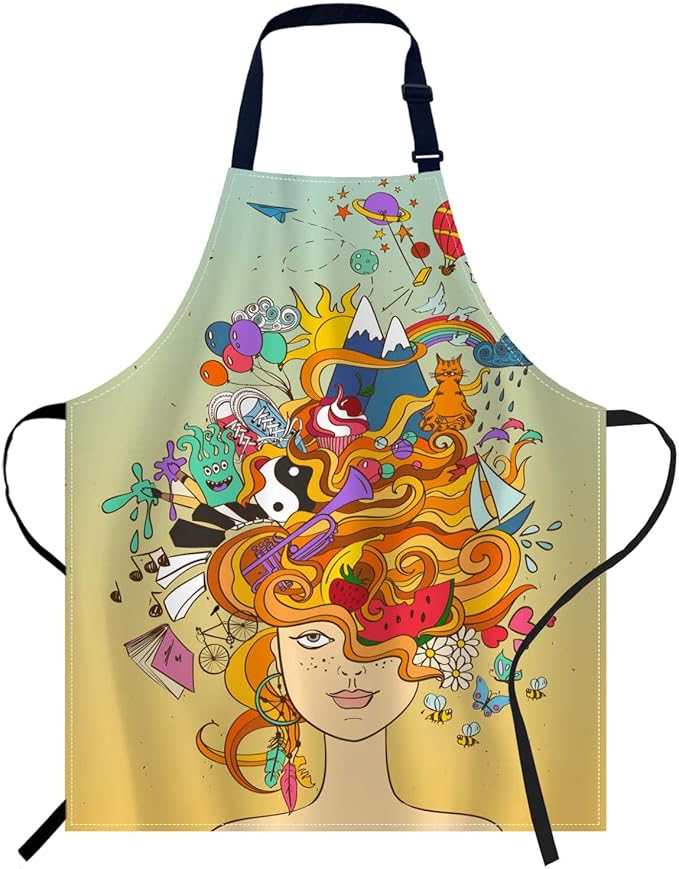 oFloral Psychedelic Girl Apron Adjustable Apron Cooking Kitchen Chef Women Men Aprons for Home Kitchen, Restaurant, Coffee House, Baking Gardening BBQ