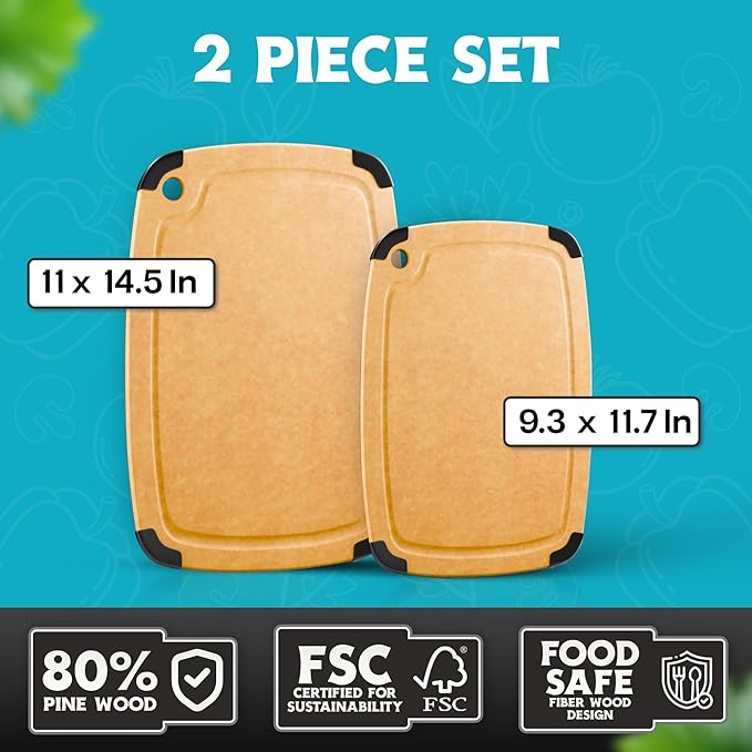 Dishwasher Safe Cutting Boards for Kitchen - Set of 2 Large Composite Wood Cutting Boards with Juice Groove, Non-Slip Feet & Lightweight Eco-Friendly Design 14.5" x 11" and 11.7" x 9.3"